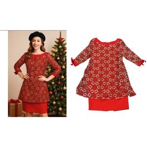 Liancarlo Sequined Lace Overlay Dress Red Gold Boat Neck Vintage Retro‎ Swing 8
